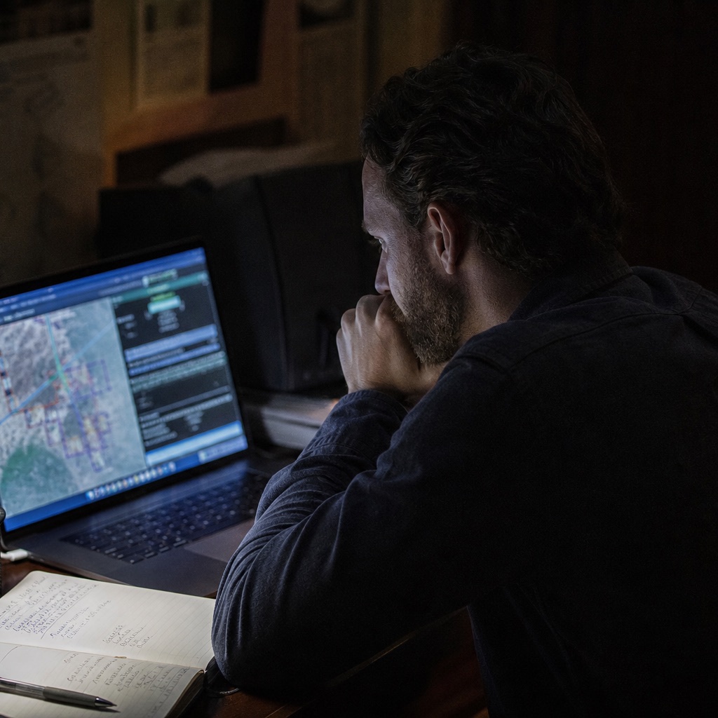 Puesto de análisis nocturno con el portátil encendido mostrando mapas y datos, cuaderno con anotaciones manuscritas y lámpara de escritorio