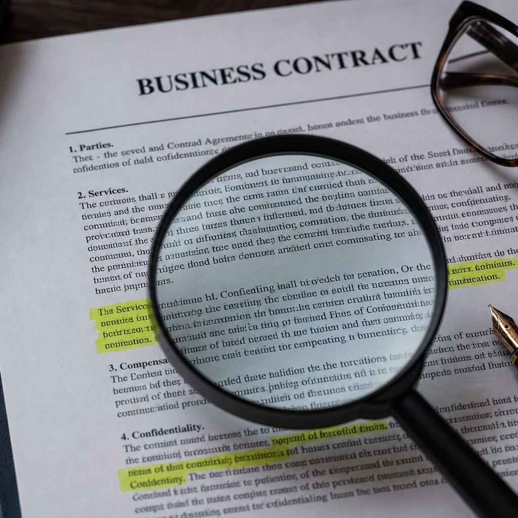 Lupa sobre la letra pequeña de un contrato, con pluma roja y gafas de leer