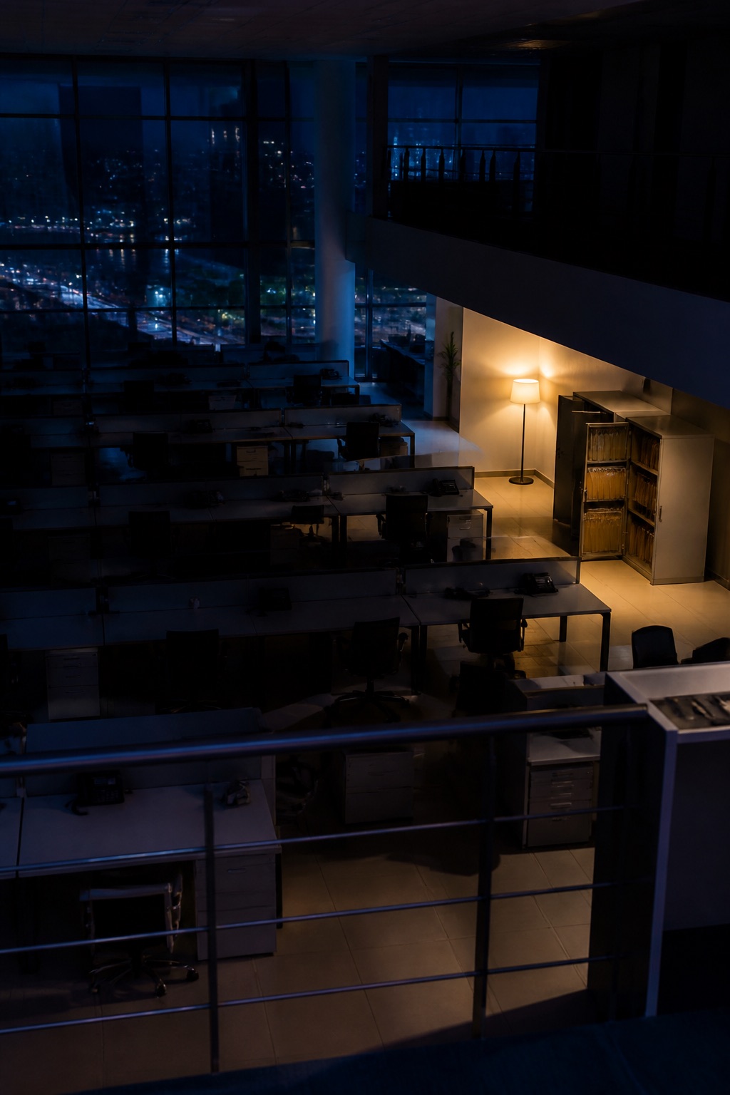 Planta de oficinas vacía de noche vista desde un altillo, archivador abierto con carpetas colgantes y una única lámpara encendida