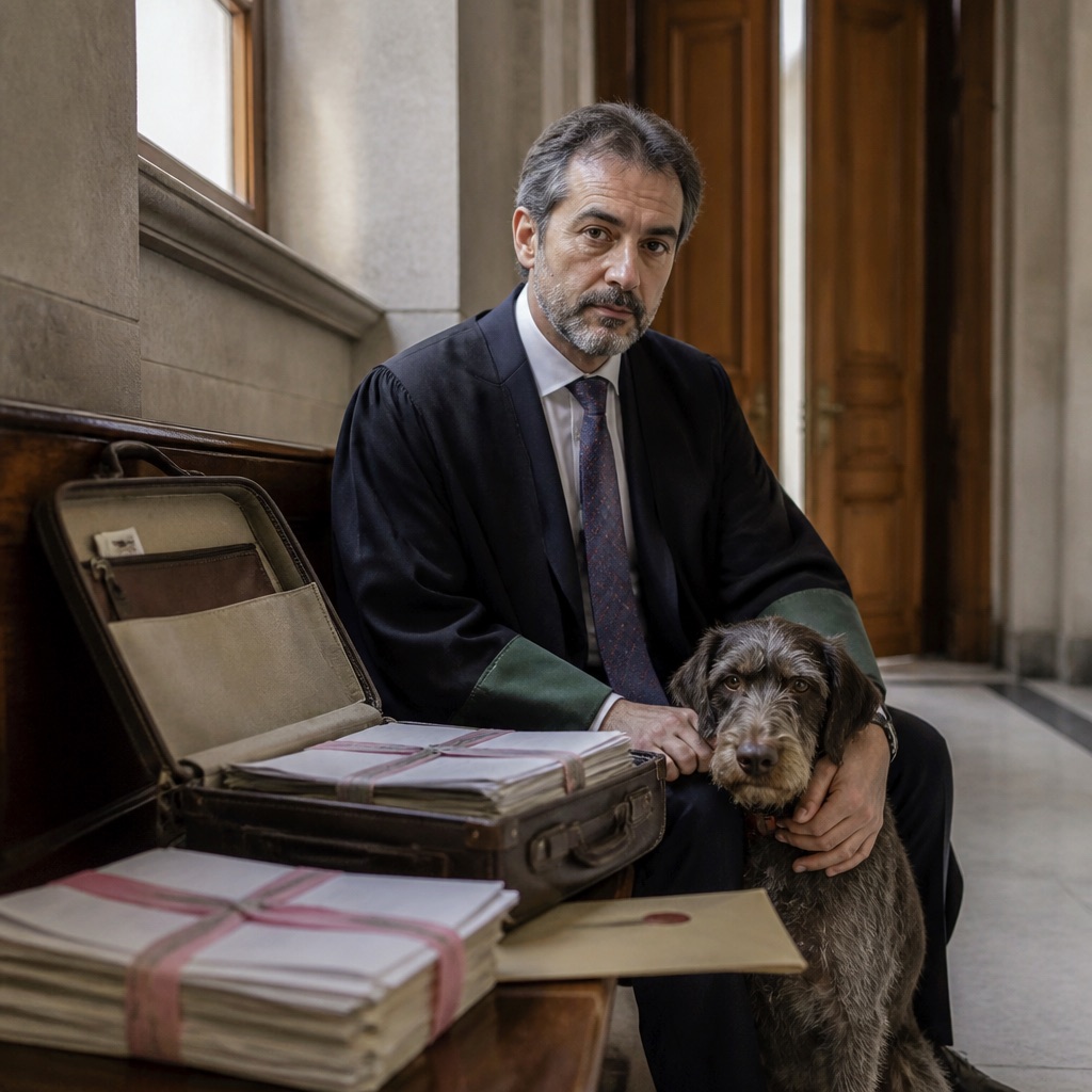 Pasillo de tribunal de piedra con puertas de madera alta; sobre un banco, legajo de escritos atado con cinta y un sobre lacado