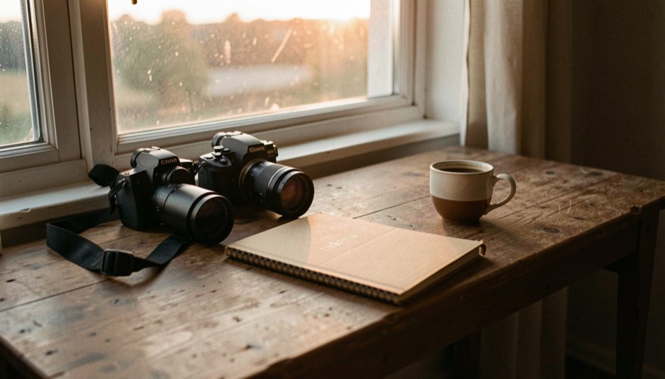 Escritorio de madera junto a una ventana al atardecer con dos cámaras réflex, un cuaderno cerrado y una taza de café, luz cálida lateral