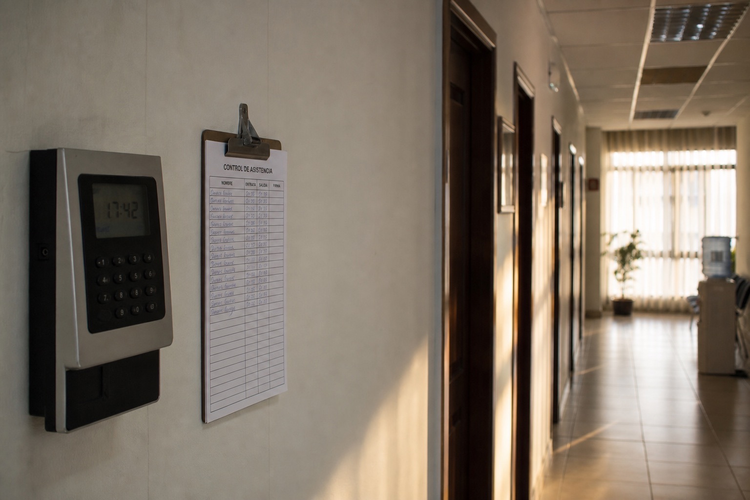 Pasillo de oficinas con reloj fichador en la pared y hoja de control de asistencia en un portapapeles, puertas cerradas y luz de tarde entre persianas